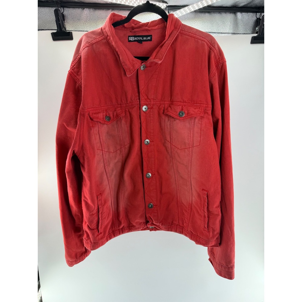 Royal Blue Mens Red Denim Trucker Jacket Distressed Streetwear Size 3XL Runs SM